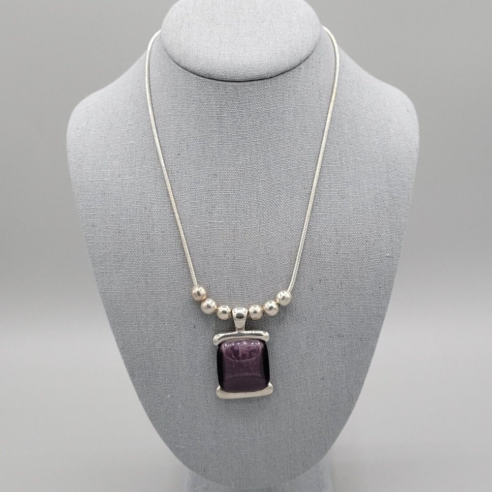 Cats Eye Purple Stone Womens Fashion Necklace Silver Tone Snake Chain 18 in